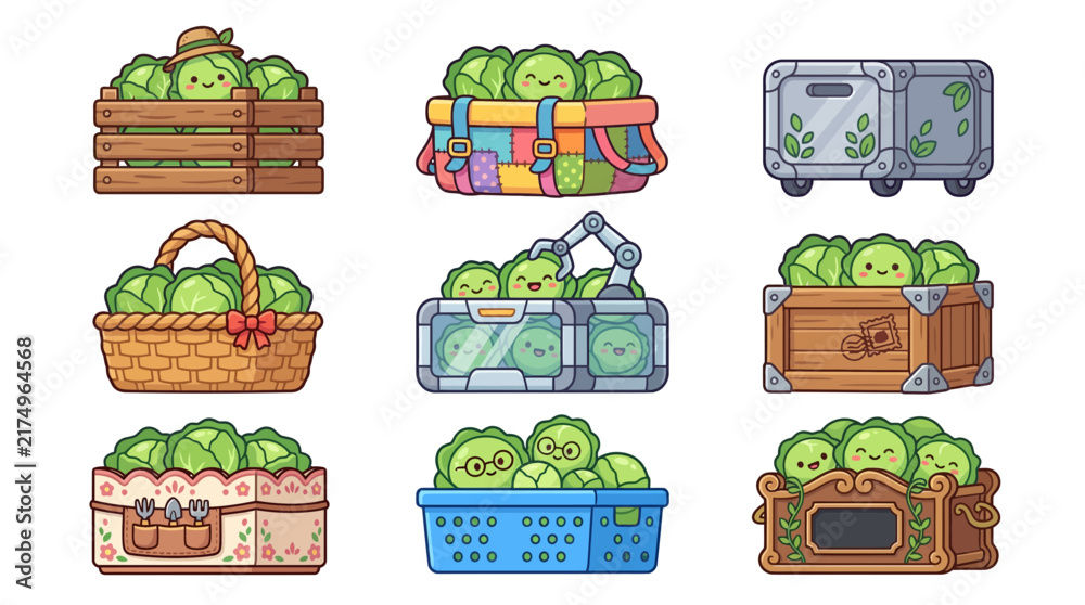 Naklejka premium Green vegetable characters in storage crates.