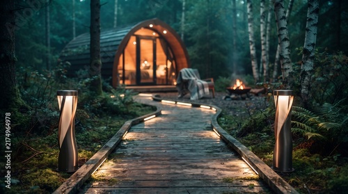 Cozy glamping pod in misty forest with illuminated wooden path