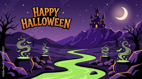 Dark, eerie illustration for halloween night, featuring spooky castle, glowing green river, smoking cauldrons, and 'happy halloween' text under moon.