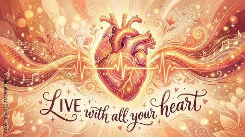 Anatomical Heart with EKG Line and Music Notes, Inspiring 'Live with All Your Heart' Message in Warm Golden Tones