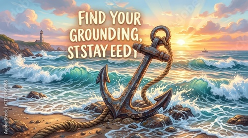 Anchor on sandy beach with ocean waves and lighthouse in background at sunset, concept of stability and grounding.