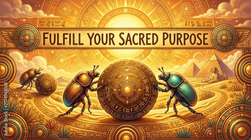 Ancient Egyptian dung beetles push sacred scarab symbol towards pyramids under golden sun, symbolizing destiny and purpose