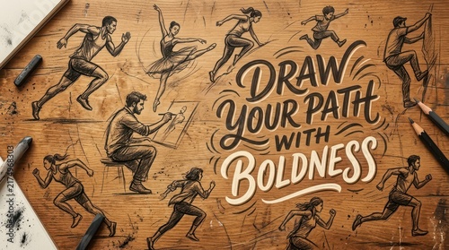 Creative Drawing Concept: Artist Sketches Figures in Motion and Inspiring Quote on Textured Wood