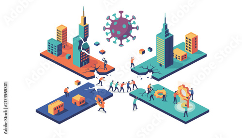 Small business teams working together to reconnect broken land blocks representing recovery from global pandemic.
