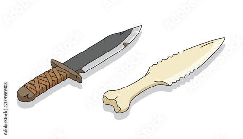 Prehistoric tools including a crafted dagger with a wrapped handle and a serrated knife made of animal bone.