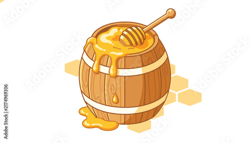 Wooden barrel overflowing with sweet golden honey featuring a wooden dipper on top and honeycomb background.