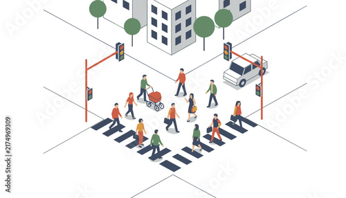 Isometric view of many pedestrians walking across a busy city street intersection on a crosswalk with traffic lights.