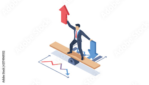 Businessman balancing on a wooden seesaw holding a rising red arrow and a falling blue arrow in isometric view.