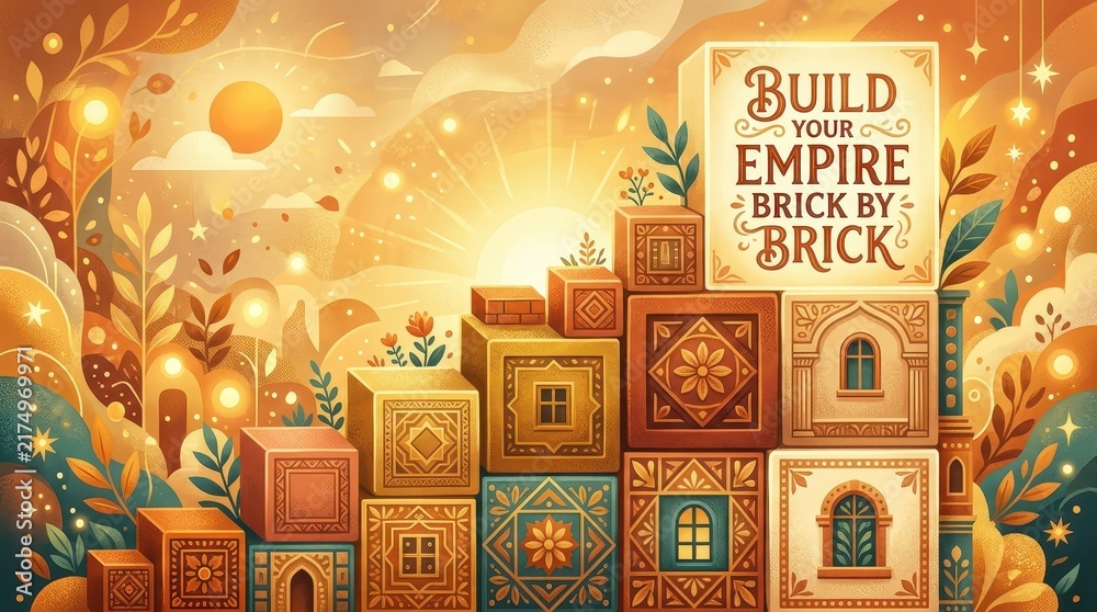 Fototapeta premium Building an Empire Brick by Brick: Abstract Decorative Blocks with Sun and Nature Elements