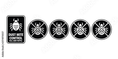 Bed Bug Control Icons, Dust Mite Killer Repel Eliminate Warning Labels Badges and Vector Symbols