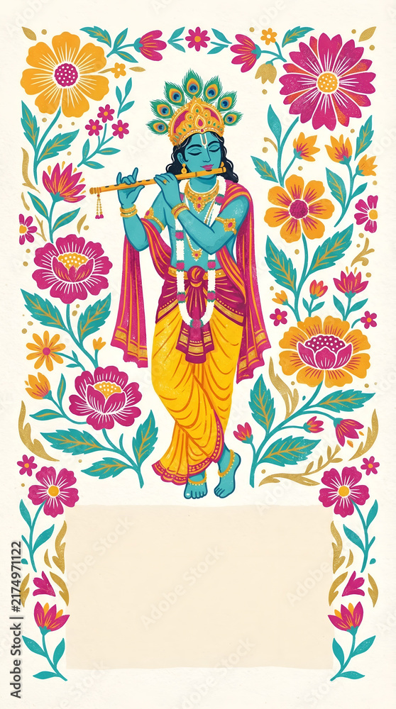 Fototapeta premium Vertical poster displaying Lord Krishna playing flute with colorful floral patterns