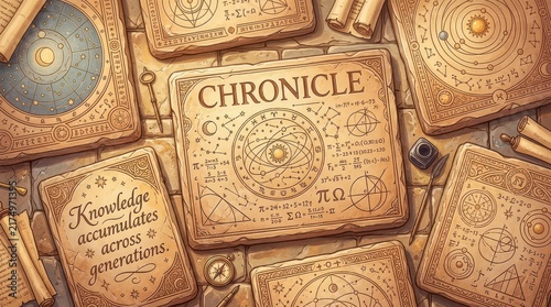Ancient scrolls and manuscripts displaying celestial charts, mathematical formulas, and philosophical quotes, evoking a sense of historical knowledge