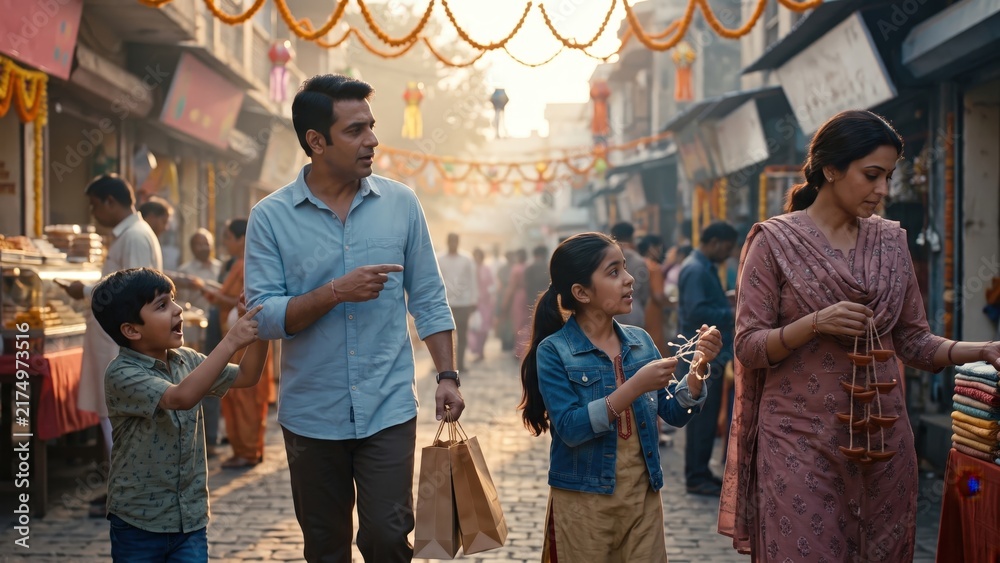 Obraz premium Indian Family Shopping at Festive Market – Cultural Celebration