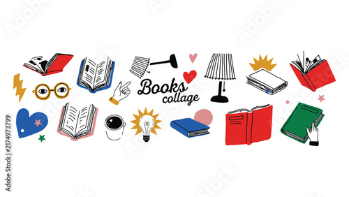Books Collage: An artistic collage celebrating the joy of reading, featuring open books, lamps, coffee cups, glasses, and inspirational doodles, all arranged in a vibrant and eclectic composition.
