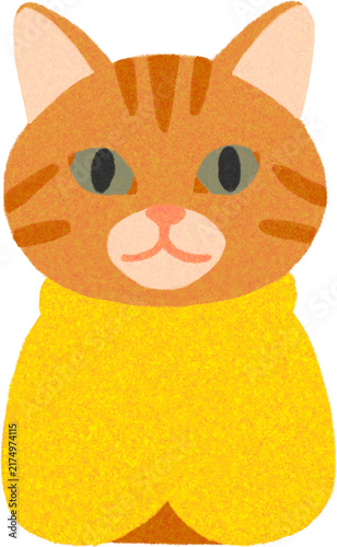 Orange tabby cat burrito swaddled in a yellow blanket colored pencil style illustration