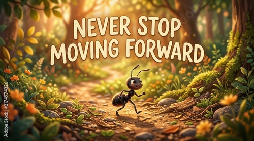 Animated ant walking on a forest path with inspirational text 