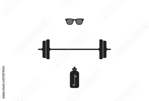 Barbell Sunglasses And Water Bottle Arrangement On White Background