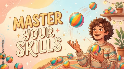 Animated illustration of a young person juggling colorful balls with the text 