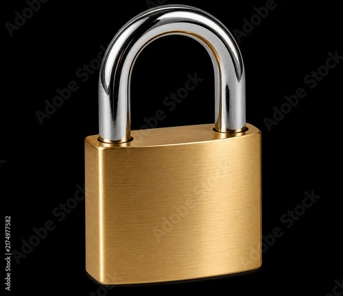 Gold Metal Padlock Isolated on Black Background for Security Protection