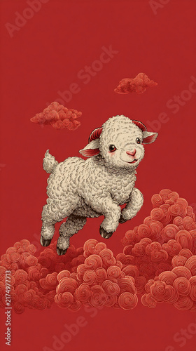 Goat leaps over stylized clouds against a deep red background. The scene is vibrant and mythical, suggesting adventure or fantasy. Ideal for themes like travel, mythology, or creative projects