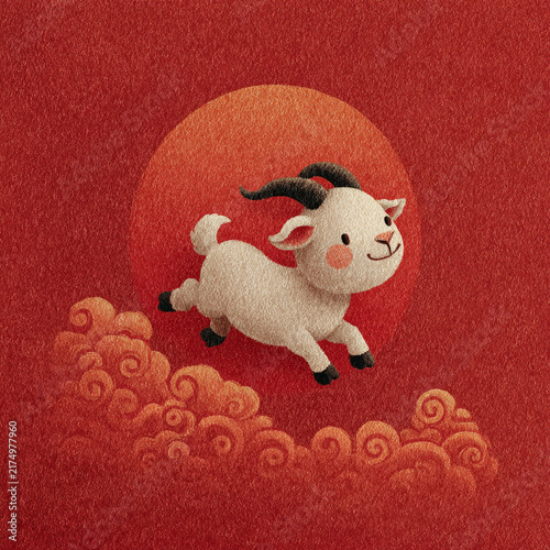 Goat leaps over stylized clouds against a deep red background. The scene is vibrant and mythical, suggesting adventure or fantasy. Ideal for themes like travel, mythology, or creative projects