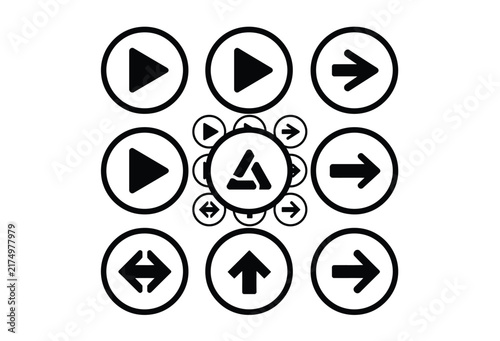 Black play pause and direction arrow icons in circular frames