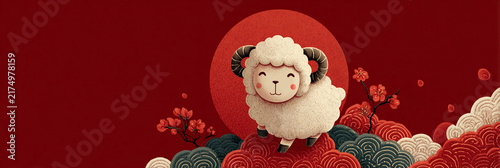 Goat leaps over stylized clouds against a deep red background. The scene is vibrant and mythical, suggesting adventure or fantasy. Ideal for themes like travel, mythology, or creative projects