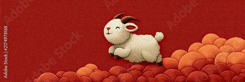 Goat leaps over stylized clouds against a deep red background. The scene is vibrant and mythical, suggesting adventure or fantasy. Ideal for themes like travel, mythology, or creative projects
