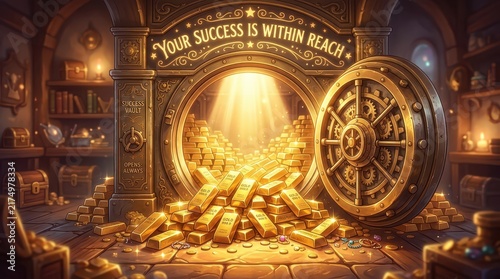 An open vault reveals a treasure trove of gleaming gold bars, symbolizing success and wealth within reach.