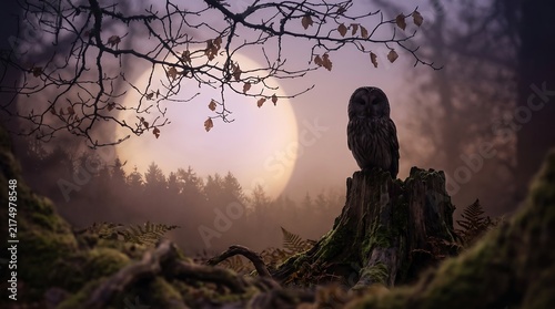 Mysterious owl sitting on mossy stump in foggy forest with full moon