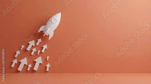 3D white rocket launch with arrows on orange background