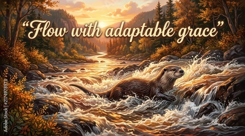 An otter navigates a rushing river amidst autumn foliage and warm sunset light, conveying adaptability and nature's flow.