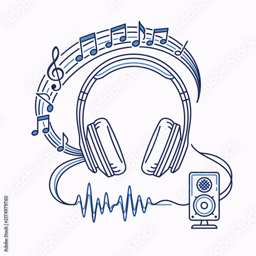 Music and Audio Concept with Headphones and Sound Waves