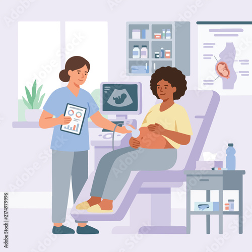 Bild auf Leinwand Flat vector illustration of a pregnant woman receiving a prenatal ultrasound examination in a medical clinic