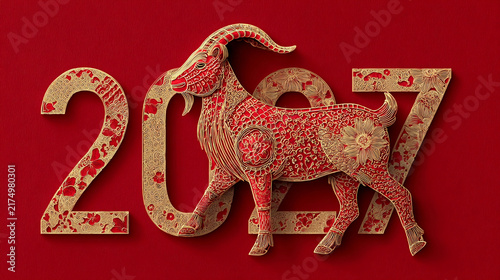 Red 2027 year sign with goat, Chinese zodiac symbol. Decorative paper-cut style, festive design. Ideal for New Year, holiday, or cultural event themes. Rich red background enhances celebratory mood