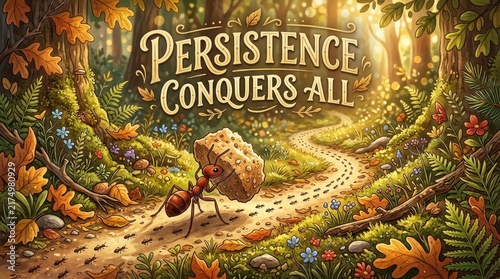 Ant carrying large stone uphill on a forest path with text 