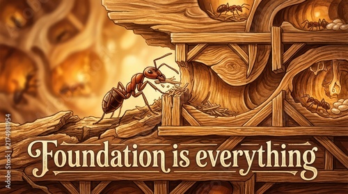 Ant colony building a strong foundation in an intricate wooden nest, symbolizing teamwork and perseverance