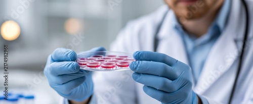 Medical professional examining biopsy samples for early cancer screening in a clinical laboratory setting.