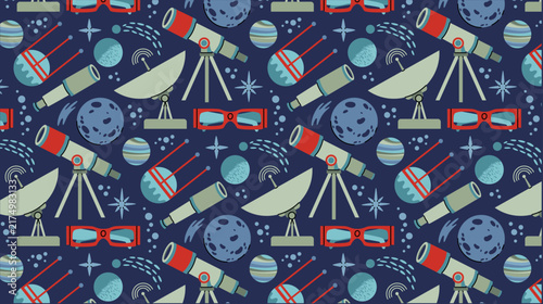 Vector seamless pattern with telescopes, observatory dishes, planets, moons, stars, cosmic objects, satellite and astronomy elements in cartoon hand drawn style. Template for design and printing.