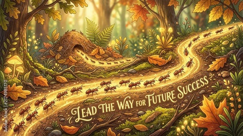 Anthropomorphic ants marching in a line on a glowing forest path, symbolizing teamwork, progress, and future success
