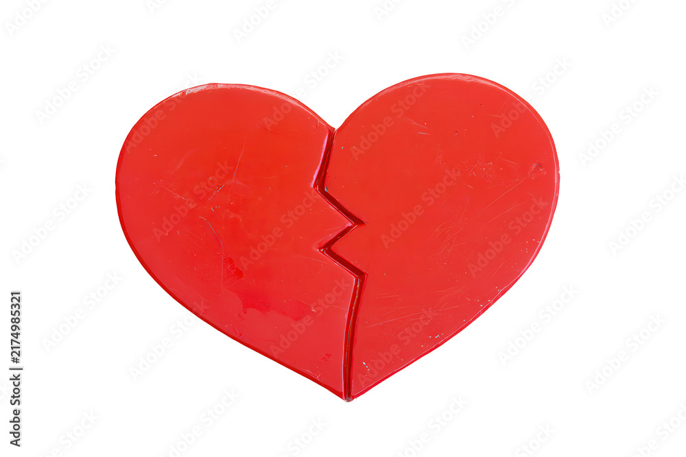 Fototapeta premium Broken red heart symbol isolated on white background for divorce or relationship breakup