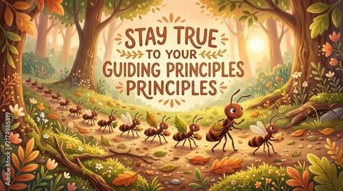 Anthropomorphic ants marching in a forest with the motivational quote 'Stay True to Your Guiding Principles' emphasizing determination and unity.