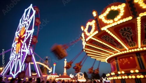 carnival rides illuminated at night with spinning swing carousel and glowing Ferris wheel captured in motion blur, carnival rides framed by neon bokeh, string lights and visitors on boardwalk,