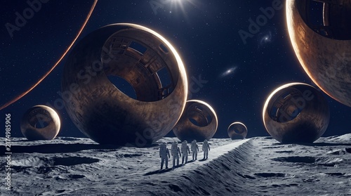 Astronauts Exploring Giant Spherical Ruins on Alien Moon