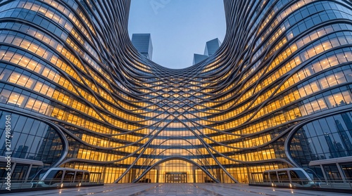 Modern Futuristic Corporate Skyscraper Architecture with Curved Glass Facade