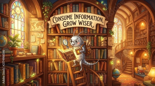 Anthropomorphic insect character reading a book on a ladder in a magical, old-fashioned library with stained glass windows and scrolls