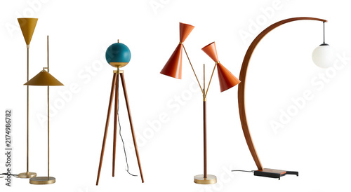 Set of four vintage midcentury modern floor lamps isolated on white background