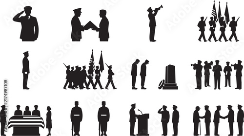Bild auf Leinwand Set of black silhouette depicting military funeral ceremonies, soldiers saluting