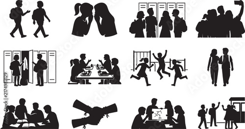 Set of black silhouette depicting students in school environments, including lockers, cafeteria, studying, playing, and social interactions