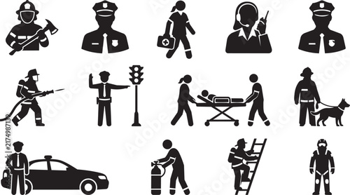 Set of black silhouette featuring emergency services, police officers, firefighters, paramedics, and medical rescue operations